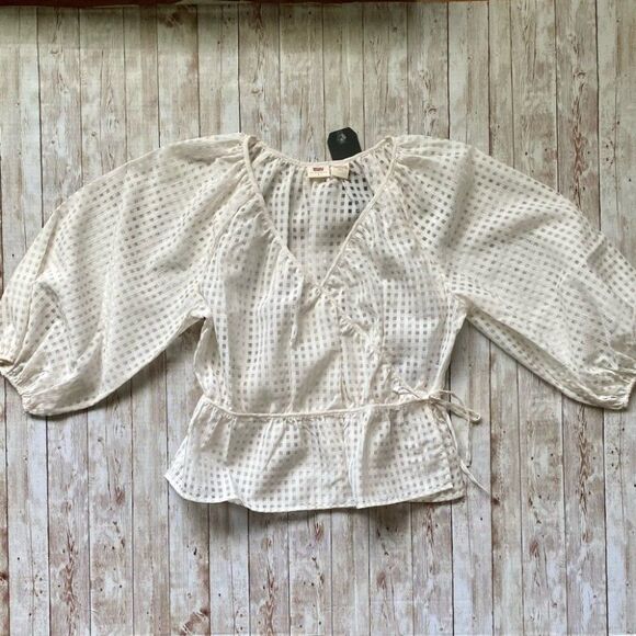 Levi’s Windowpane Delilah Wrap Puff Sleeve Top White Size S - Picture 3 of 14